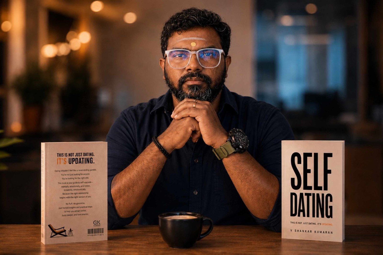 Shankar Kumaran with the front and back covers of Self Dating.